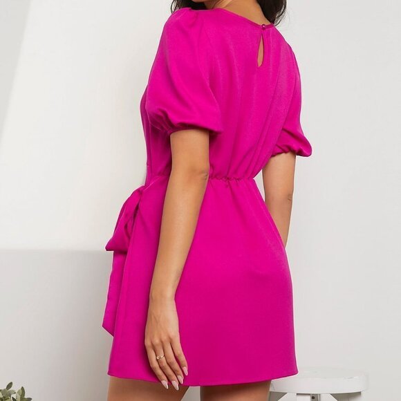 Pink Casual Womens Puff Sleeve Knot Front Wrap Dress - Picture 2 of 6